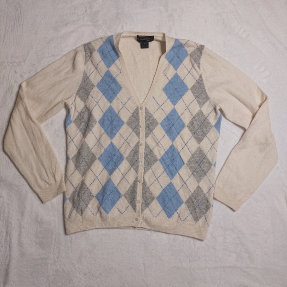 Brooks Brothers Cream Argyle Cardigan with Blue and Gray Diamonds
